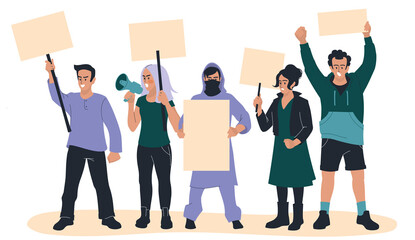Fototapeta premium Protest. People with posters express their opinion. Men and women at the rally. Vector image.