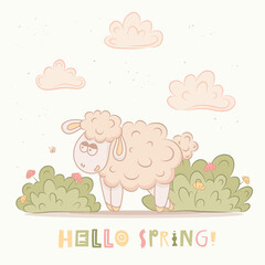 Hello spring banner. Trendy texture. Season vocation, weekend, holiday logo. Spring Time Wallpaper. Happy spring Day. Cute sheep vector illustration.