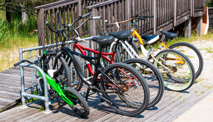 Bicycles parked in front of a beach house on Fire Island New York
