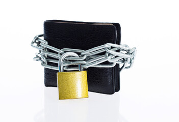 Leather wallet in chains with padlock on white background