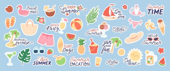 Cute summer stickers for planner, beach party doodles with funny quotes. Tropical vacation elements, fruits and cocktails, bikini, surfboard, summertime season sticker vector set