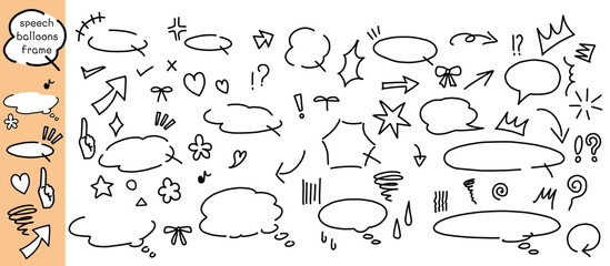 黒色の線に白色の塗りのラフなイメージの吹き出しとアイコンセット