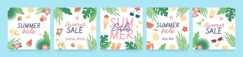 Summer sale promotion banner with exotic leaves and fruits, tropical vacation season flyer. Summertime sales social media post template vector set