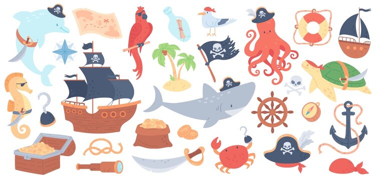Pirate collection, captain hat, battle ship, marine animal characters in pirates costumes. Octopus and shark in captain hat, flag with skull, treasure map, sea adventures elements vector set
