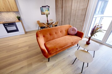 Wnętrze przytulnego salonu z czerwoną sofą w nowoczesnym mieszkaniu