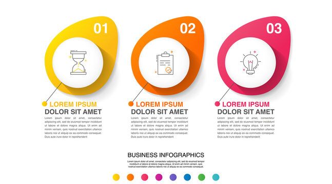 Vector line infographics with 3 circles, labels. Modern business concept graphic process template with three steps and icons. Graphic timeline for a project on white background