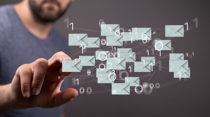 touching 3D rendering flying email icon with his fin