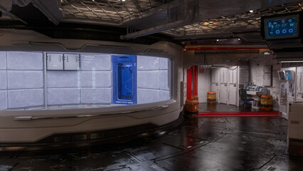 Futuristic science fiction technology lab with containment cell. 3D illustration.