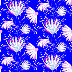 Vector seamless half-drop pattern, with leaves and flowers
