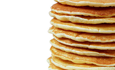 Closeup stack of plain pancakes isolated on white backdrop