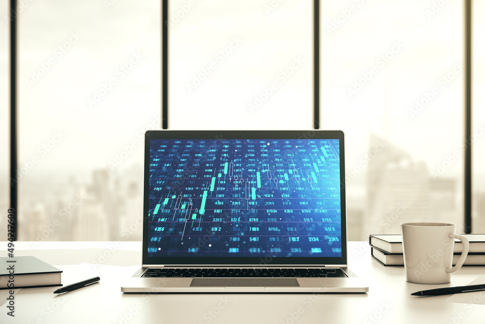 Poster abstract creative stats data concept on modern laptop screen. 3d rendering