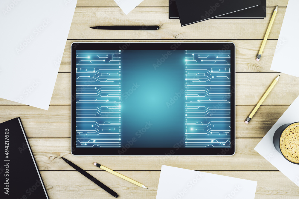Fototapete creative abstract micro chip hologram on modern digital tablet display, artificial intelligence and 