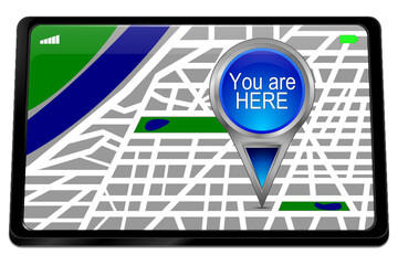 Tablet computer with You are Here Map Pointer - 3D illustration - 494217610