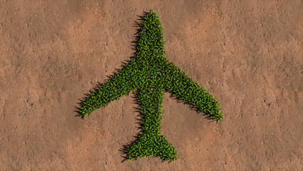 Fototapeta na wymiar Concept conceptual green summer lawn grass symbol shape on brown soil or earth background, airplane sign. 3d illustration metaphor for fast, comfortable and secure transportation, holiday and business