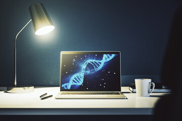 Modern computer monitor with creative DNA hologram. Bio Engineering and DNA Research concept. 3D...