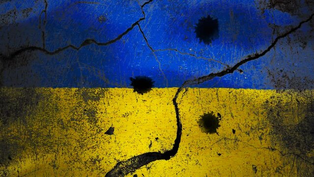 Background with damaged Ukrainian flag still waving in spite of bullet holes and breaks