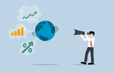 Growth business possibility, international business expansion or seeking opportunity for oversea investment concept. Visionary businessman searching into earth for future business through telescope.