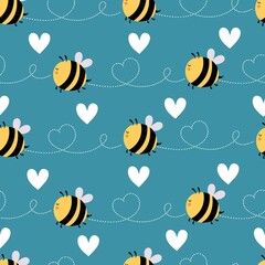 seamless pattern with cartoon bees, hearts. Colorful vector flat style for kids. hand drawing. baby design for fabric, print, wrapper, textile