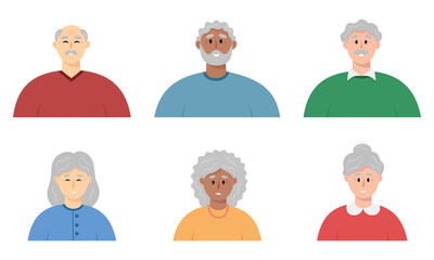 Senior people icons. Elderly people community. People diversity avatars set. Elderly men and woman portraits. Flat vector illustration isolated on white background.