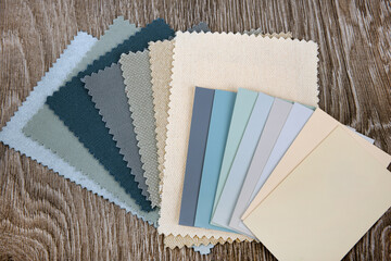 close up of the brown grey  blue upholstery fabric texture and color choice for interior