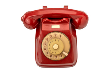 Old red rotating dial telephon isolated on white background, clipping path, top view