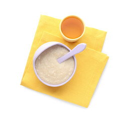 Healthy baby food in bowl and cup with drink on white background, top view