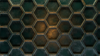 Hexagonal background with real metallic texture. 3d render.