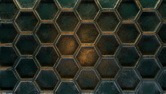 Hexagonal background with real metallic texture. 3d render. © k_e_n