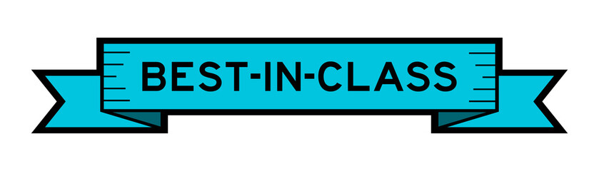 Ribbon label banner with word best in class in blue color on white background