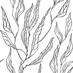 Seamless black and white pattern with large long leaves on a square background. The vertical direction of the drawing
