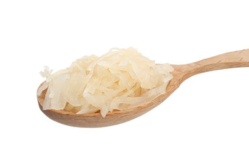 Wooden spoon of tasty fermented cabbage on white background