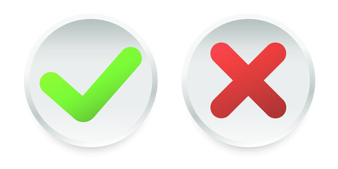 Green and red round buttons with a check mark and a cross. Vector illustration. Consent and refusal