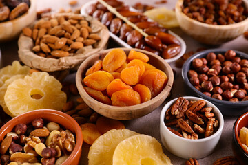 assorted of dried fruits ( apricot,  almond,  date,  raisin,  hazelnut...)