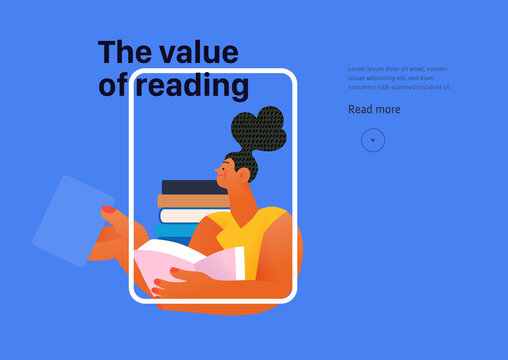 Books graphics -book week events. Modern flat vector concept illustrations of reading people - a young woman reading and sharing book, landing webpage template