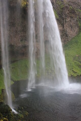 World famous Icelandic Seljalandsfoss waterfall with its characteristic veil (vertical), Seljalandsfoss, Iceland