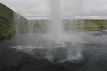 World famous Icelandic Seljalandsfoss waterfall with its characteristic veil (horizontal), Seljalandsfoss, Iceland