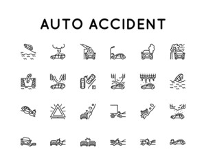 Set of vector icons related to Car Accident. Vector sign in simple style isolated on white background.