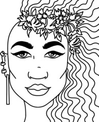 Doodle girl with shaved head. Womens portrait for adult coloring book. Vector illustration.