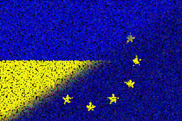European Union (EU) and Ukraine. European Union flag and Ukraine flag. Concept of aid, association of countries, political and economic relations. Ukraine and European Union. OTAN-NATO flag.