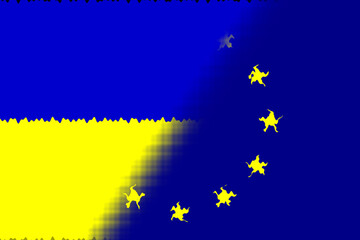 European Union (EU) and Ukraine. European Union flag and Ukraine flag. Concept of aid, association of countries, political and economic relations. Ukraine and European Union. OTAN-NATO flag.