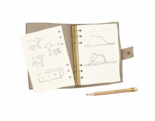 A notebook with drawings. Little prince. Boa constrictor, elephant. Lambs and a box. Simple pencil. White background. Stock illustration.
