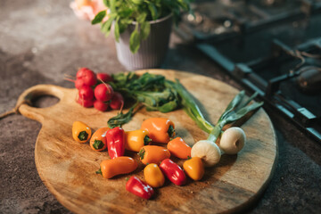 Preparing a variety of food in the kitchen for lunch or dinner