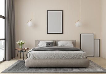 Bedroom with window in pastel colors, minimalism, with double bed, bedside table, paintings. 3d render of bedroom