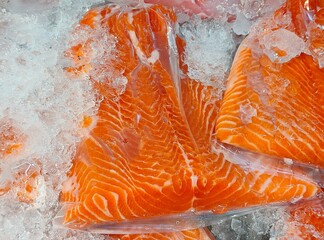 Frozen salmon fillet in plastic packing for sell.