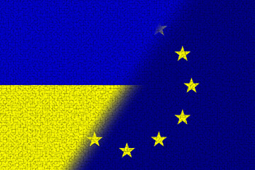 European Union (EU) and Ukraine. European Union flag and Ukraine flag. Concept of aid, association of countries, political and economic relations. Horizontal design. Abstract design. Illustration.