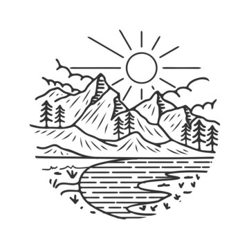 Mountain and nature line art vector logo.