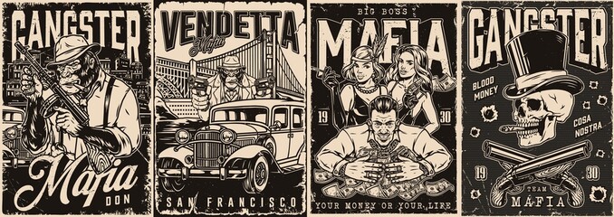 Mobsters monochrome vintage posters set