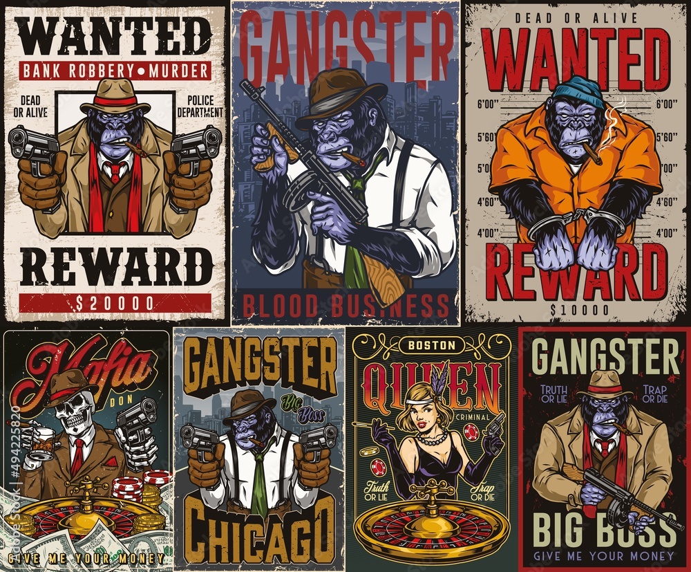 Sticker Gorilla criminal colorful posters set