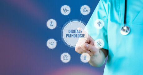 Digitale Pathologie. Arzt zeigt auf digitales medizinisches Interface. Text umgeben von Icons,...