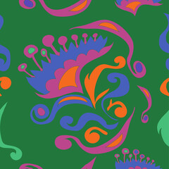 Obraz premium Seamless stylized colored leaves, flower, spirals. Hand drawn.